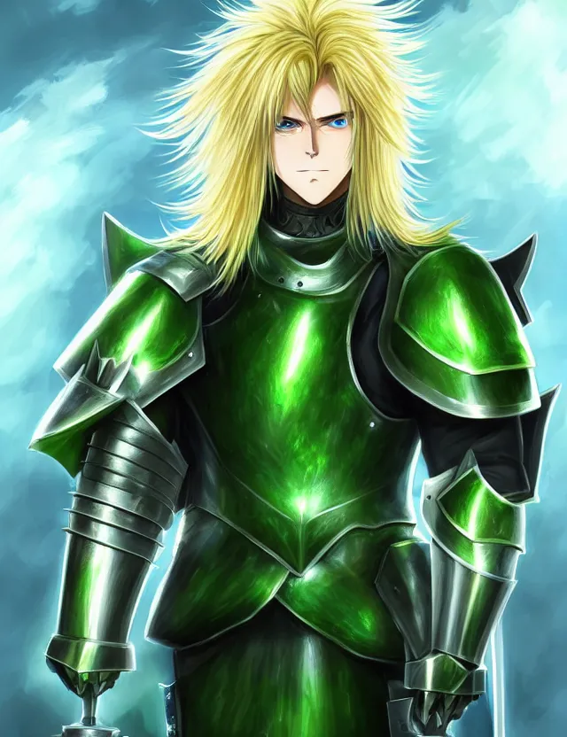 Image similar to an excellent upper body anime portrait of a long haired blonde man with blue eyes in green plate armour glowing with green energy, trending on artstation, digital art, 4 k resolution, detailed, high quality, sharp focus, hq artwork, coherent, insane detail