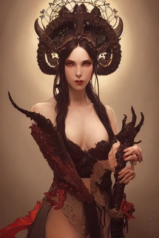 Image similar to Portrait of beautiful demon peasant maiden with horns, intricate, elegant, highly detailed, digital painting, artstation, concept art, smooth, sharp focus, illustration, art by artgerm and greg rutkowski and alphonse mucha