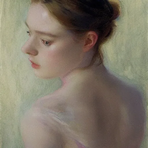 Prompt: Elle Fanning in the style of Berthe Morisot, head and shoulders portrait, stormy weather, extremely detailed masterpiece, oil on canvas, low-key neon lighting, artstation, Blade Runner 2049, Roger Deakin’s cinematography, by J. C. Leyendecker and Peter Paul Rubens and Edward Hopper and Michael Sowa,