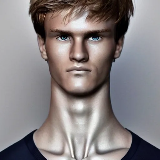 Prompt: a realistic detailed photo of a guy who is an attractive humanoid who is half robot and half humanoid, who is a male android, soccer player martin ødegaard, shiny skin, posing like a statue, blank stare, in a bed room, on display