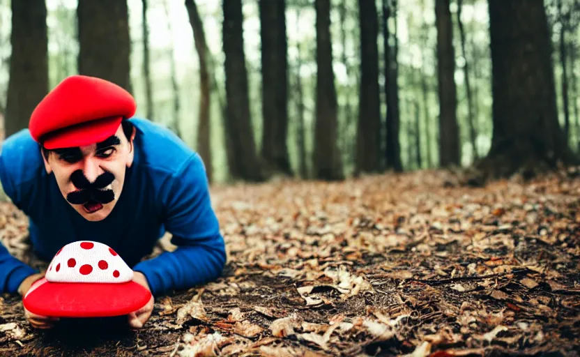 Image similar to italian man with a mustache dressed as mario wearing a solid red mario hat, crawling on the ground, excited face, eyes rolled back, drooling, licking a red mushroom with white spots, in a forest, photography, 5 0 mm lens, f 1. 8