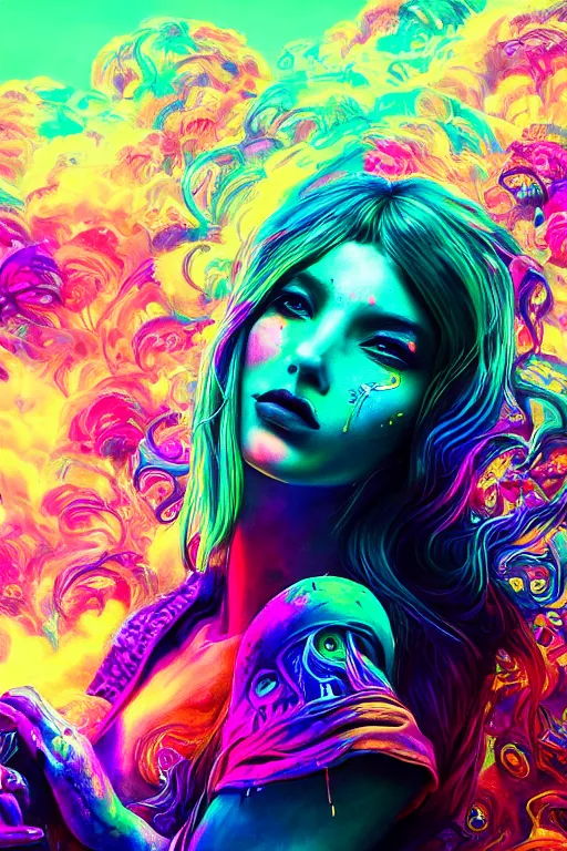 Prompt: a beautiful girl engulfed in colorful liquid clouds and neon smoke, colorful psychedelic experience, psilocybin, dmt, lsd, face, highly detailed, concept art, sharp focus, digital art by hana yata, and artem demura and beeple, lisa frank, cyberpunk, octane render, unreal engine, 8 k