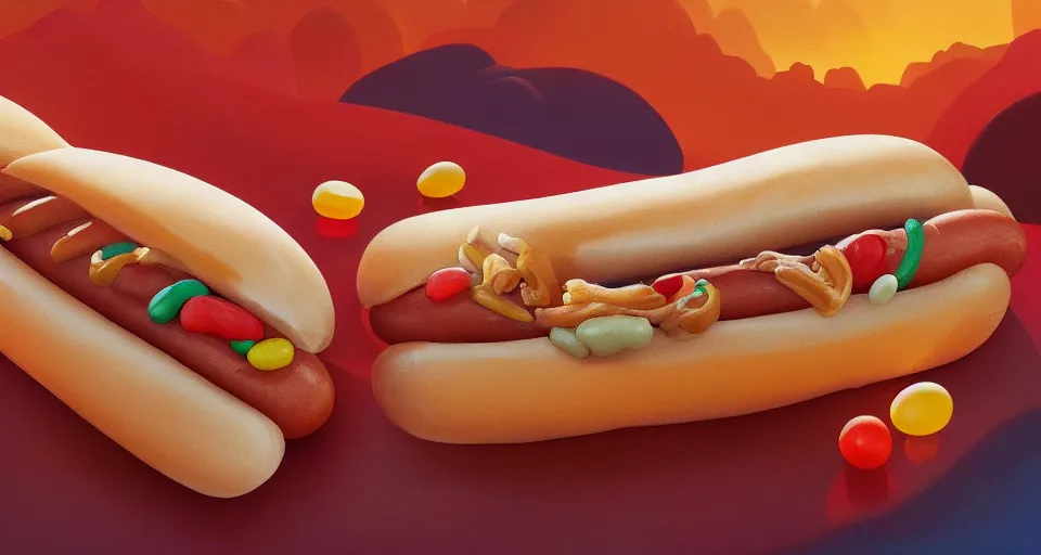 Prompt: a beautiful painting of hot dog filled with jellybeans by studio ghibli, gigantic, octane render, brilliantly coloured, intricate, ultra wide angle, trending on artstation, dusk, volumetric lighting, polished, micro details, ray tracing, 8k