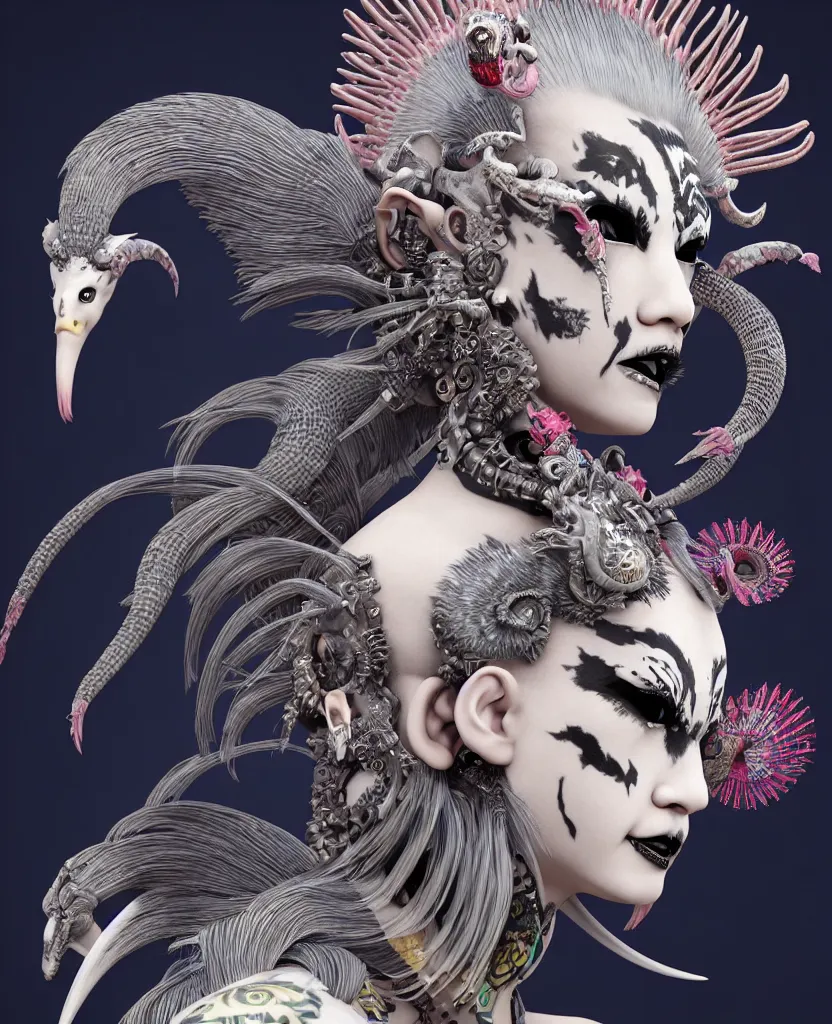 Image similar to 3 d goddess close - up profile portrait punk with mohawk with ram skull. beautiful intricately detailed japanese crow kitsune mask and clasical japanese kimono. betta fish, jellyfish phoenix, bio luminescent, plasma, ice, water, wind, creature, artwork by tooth wu and wlop and beeple and greg rutkowski