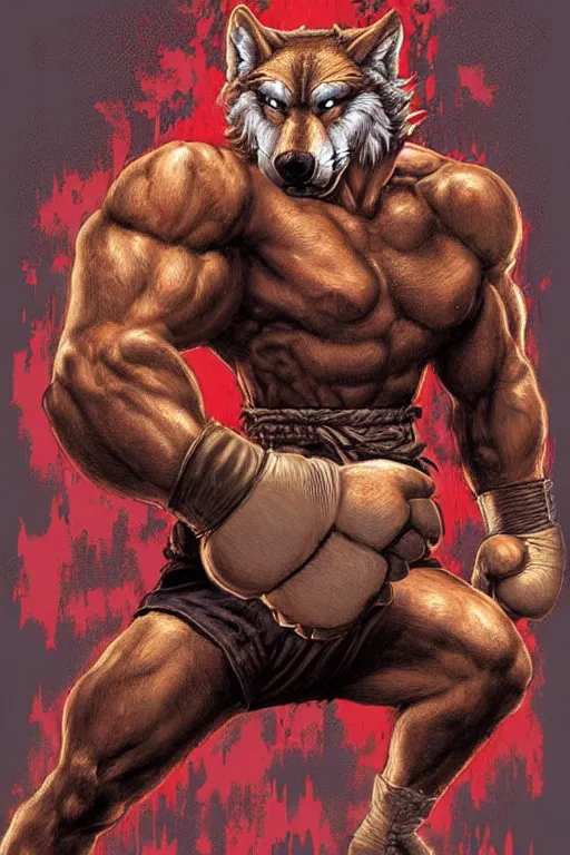 Image similar to extreme long shot. 8 bit nes graphics. antropomorphic muscular masculine wolf. kickboxer fighter, in shorts. wolf head. fine details, art from nes game cartridge, marc simonetti and hermann nitsch