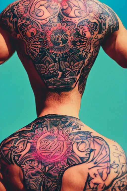 Image similar to agfa vista 4 0 0 photograph of a guy with elaborate intricate back tattoos, back view, synth vibe, vaporwave colors, lens flare, moody lighting, moody vibe, telephoto, 9 0 s vibe, blurry background, grain, tranquil, calm, faded!,