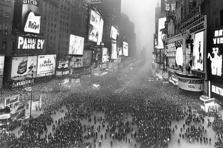 Prompt: a wide angle photograph of times square on new years eve, 1945, black and white