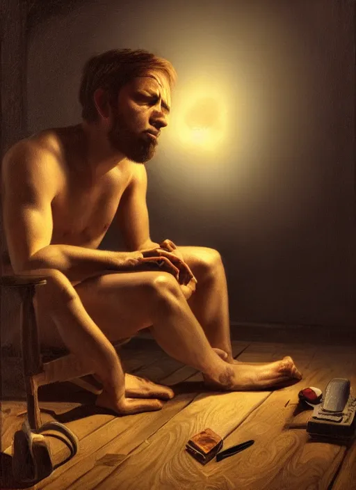 Image similar to insanely detailed chiaroscuro image of a sleepy - looking programmer guy on his knees facing his glowing ultrawide monitor begging it for forgiveness, oil on canvas, masterwork, fine detail, trending on artstation, emotive, insanely compelling, ryden, koons, moebius