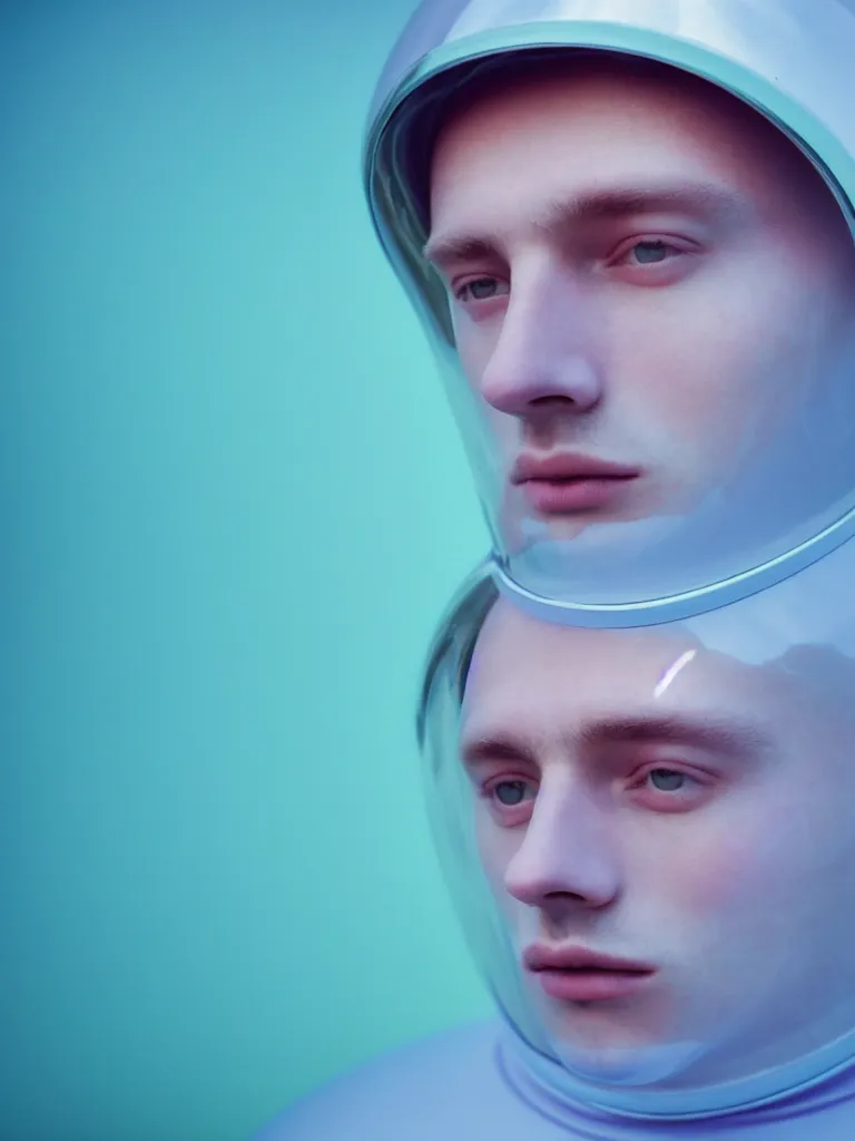 Image similar to high quality pastel coloured close up film portrait photograph of a beautiful twenty year young male, soft facial features, short hair, perspex space helmet and oversized inflated clothing!! in an icelandic black rock pool environment. atmospheric three point light. photographic. art directed. ( pastel colours ). volumetric. clearcoat. waves. 8 k. filmic.