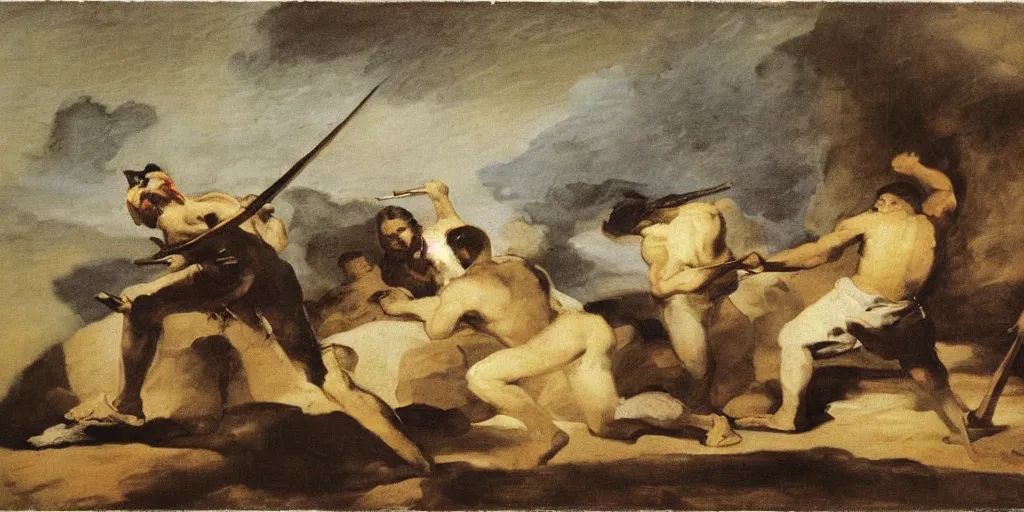 Prompt: a man with a spear kills his brother by francisco goya, detailed mythological painting, oil painting