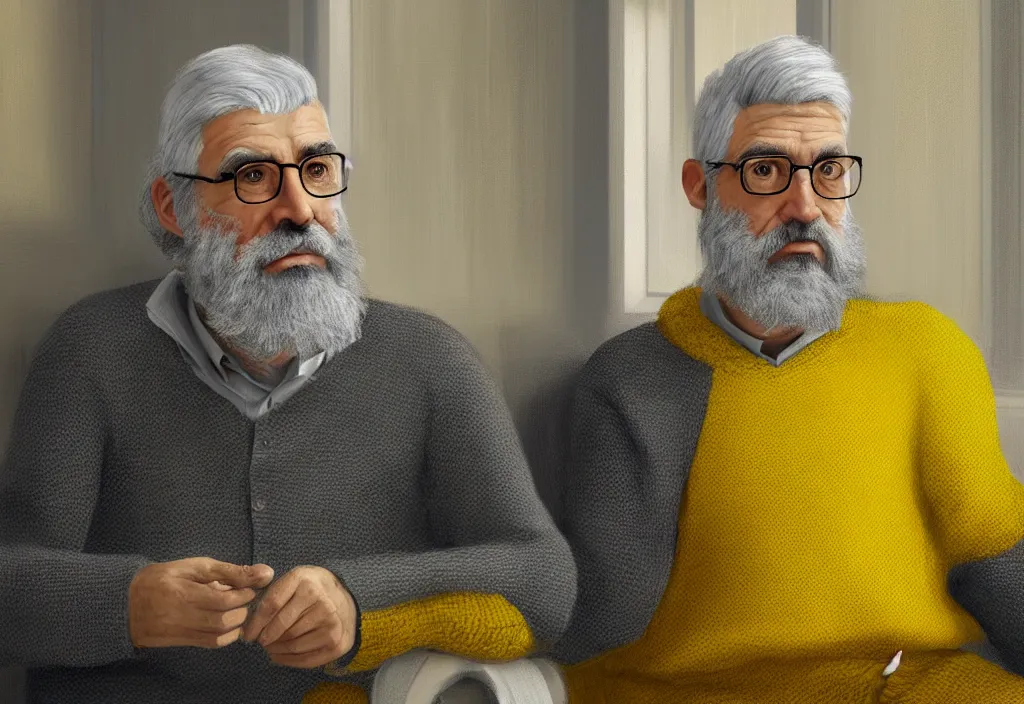 Image similar to Gray bearded professor sits in his study wearing a yellow sweater, hyperrealistic, portrait, concept art, illustration, 8k, artstation, digital painting