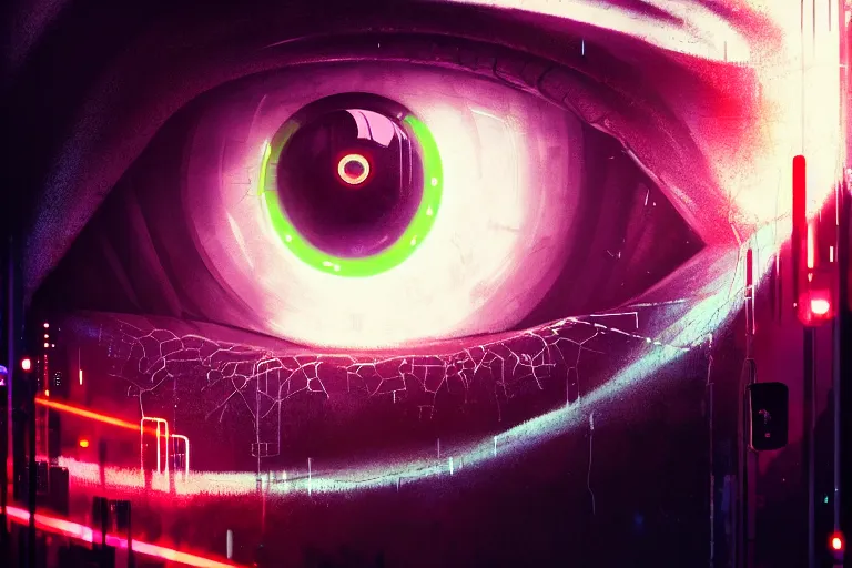 Image similar to portrait of a mystical giant eye, big brother is watching you vibes, mechanic, dystopian, ( ( cyberpunk ) ), intricate, ( ( ( abstract ) ) ), cinematic, glow, neons, octane render, wlop, greg rutkowski, dan mumford, artgerm