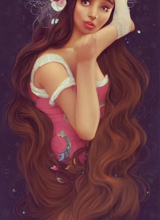 Prompt: beautiful woman with long black hair, tan skin, hourglass figure, round cute face wearing a colorful disney princess gown with mickey mouse ears headband sitting in an armchair. beautiful painting by lois van baarle and artgerm and bouguereau