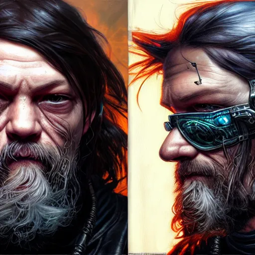 Image similar to portrait painting of a cyberpunk dwarf biker that looks like norman reedus, ultra realistic, concept art, intricate details, eerie, highly detailed, photorealistic, octane render, 8 k, unreal engine. art by artgerm and greg rutkowski and charlie bowater and magali villeneuve and alphonse mucha