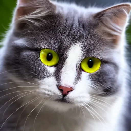 Image similar to Fluffy white and gray cat, yellow eyes, very cute, 4K