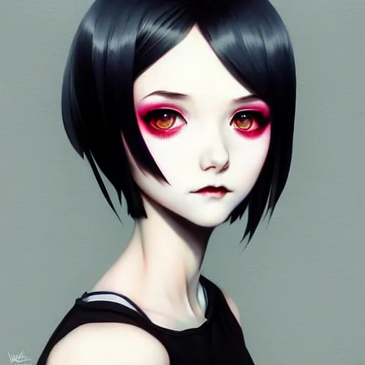 Image similar to a beautiful slim shy goth girl ignores you, art by ilya kuvshinov and lois van baarle and ross tran and range murata and artgerm and andy warhol, norman rockwell, digital art, highly detailed, profile picture, intricate, sharp focus, mystical trending on artstation hq, deviantart, pinterest, unreal engine 5, 4 k uhd image