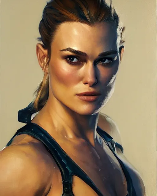 Image similar to greg manchess portrait painting of keira knightley as beautiful thick female bodybuilder zarya from overwatch, medium shot, asymmetrical, profile picture, organic painting, sunny day, matte painting, bold shapes, hard edges, street art, trending on artstation, by huang guangjian and gil elvgren and sachin teng