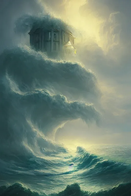 Image similar to epic scene of cthulhu rising from the stormy ocean near a dramatic coastline with lighthouse by peter mohrbacher, masterpiece, artstation, digital painting