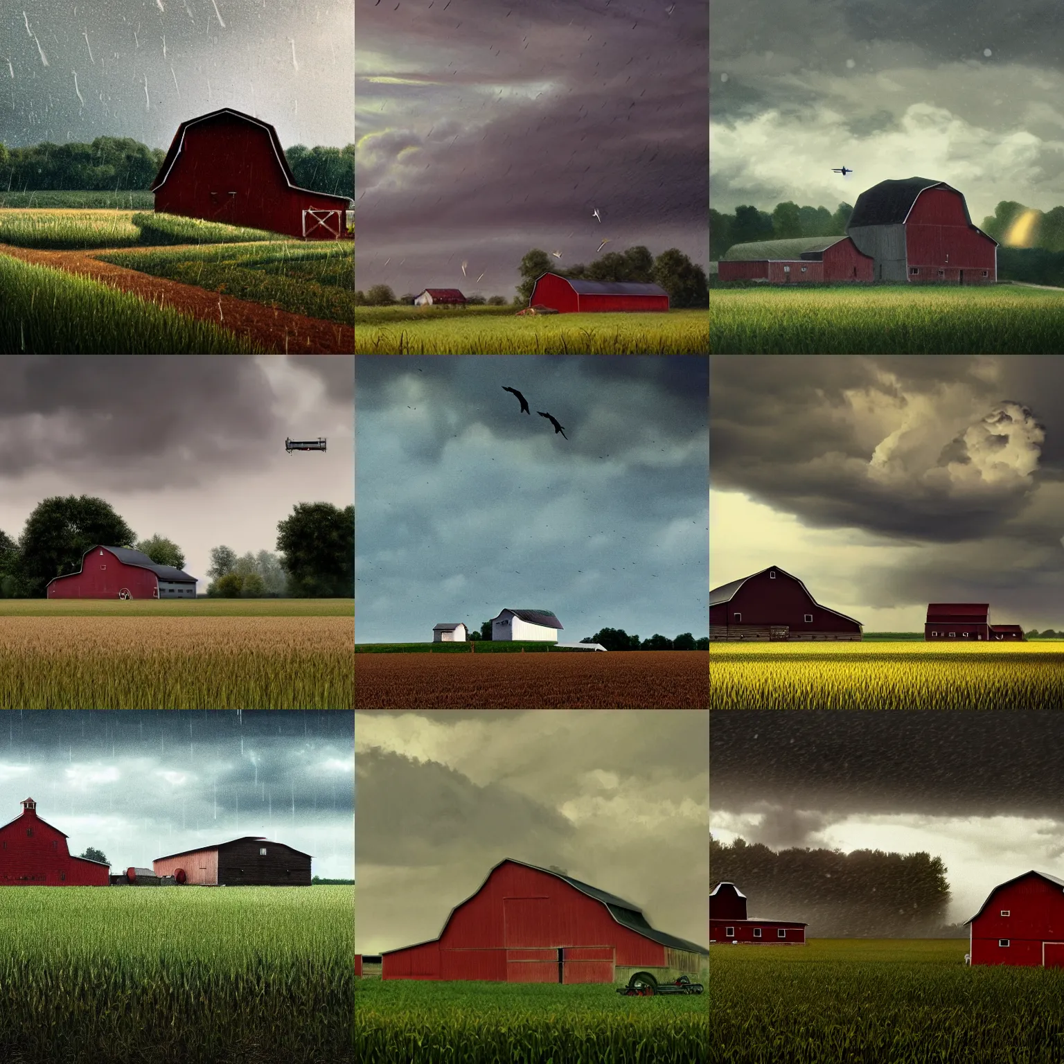 Prompt: a 1 9 5 0's farm in wisconsin, tall corn in the foreground, barn in the background, one biplane in the sky, raining, birds, rain, volumetric light, cinematic, trending on artstation, in the style of greg rutkowski