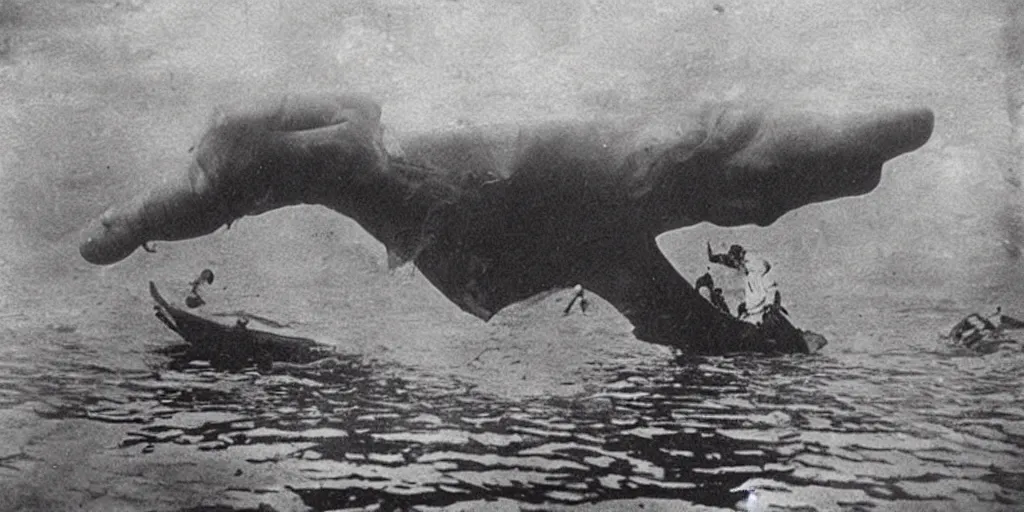 Image similar to a boat being grabbed by a giant underwater hand, 1 9 0 0 s photograph