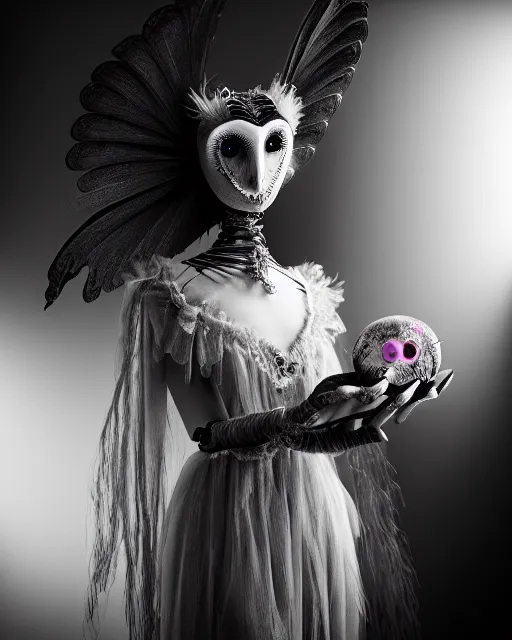 Image similar to surreal mythical dreamy dark artistic black and white fine art 3 / 4 fashion portrait photo of a young beautiful delicate female robot - witch - owl with orchid - doll face, rim light, cinematic, studio dramatic light, poetic, masterpiece, octane render, 8 k, photo - realistic by gustave dore hg giger