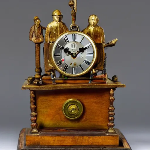 Prompt: 19th century mechanical automata clock depicting a village with mechanical people