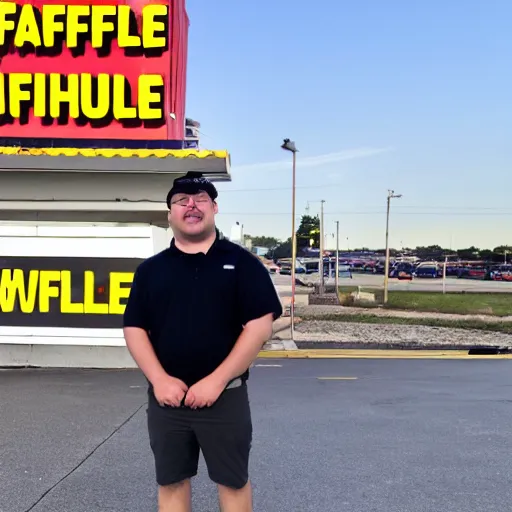 Image similar to wafflehouse employee's standing below wafflehouse sign