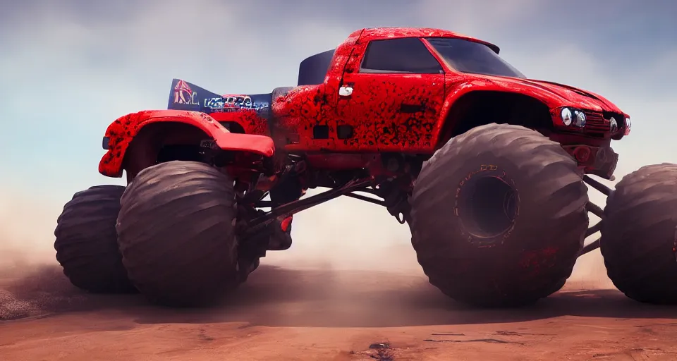 Prompt: Red Honda Acura Monster truck, with blue polka dots, Wallpaper, stunning photo, cinematic lighting, perfect composition, 8K, ultra-detailed , Trending on artstation, Octane render, Unreal Engine, highly detailed,