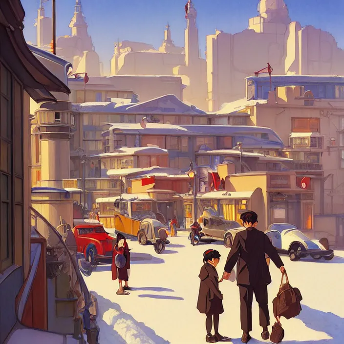 Image similar to californian city, winter, in the style of studio ghibli, j. c. leyendecker, greg rutkowski, artem