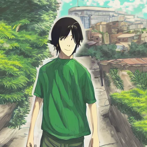 Prompt: A Green clothes guy Exploring the world with curiosity, Digital Art, Anime Style