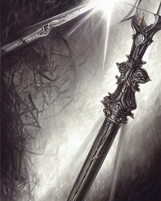 Image similar to spear of longinus, award winning photograph, radiant flares, realism, lens flare, intricate, various refining methods, micro macro autofocus, evil realm magic painting vibes, hyperrealistic painting by michael komarck - stephen gammell