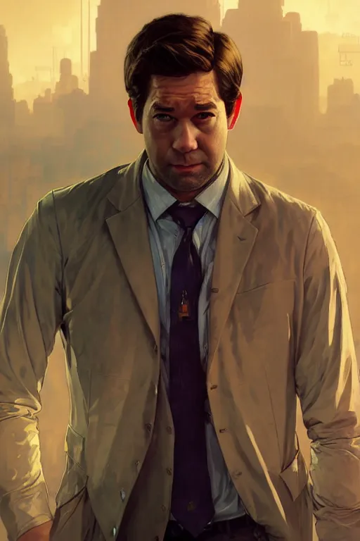 Prompt: gta jim halpert john krasinski profile picture by greg rutkowski, dynamic pose, intricate, futuristic, fantasy, elegant, by stanley artgerm lau, greg rutkowski, thomas kindkade, alphonse mucha, loish, norman rockwell, fantasy lut, asymmetric, long hair, retro computer graphics, video game, fluid lines,