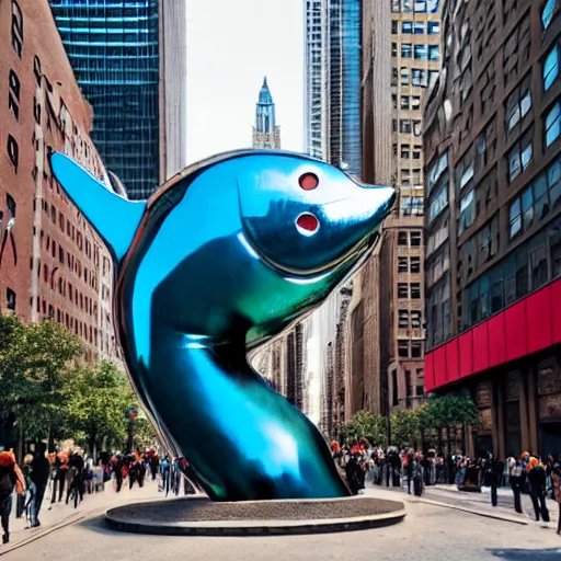 Image similar to an street photograph of a giant metallic fish sculpture in the center of a new york street, a large crowd have gathered, by Claes Oldenburg and jeff koons, pop art, 3D render, Volumetric dynamic lighting, Highly Detailed, Cinematic Lighting, Unreal Engine, 8k, HD