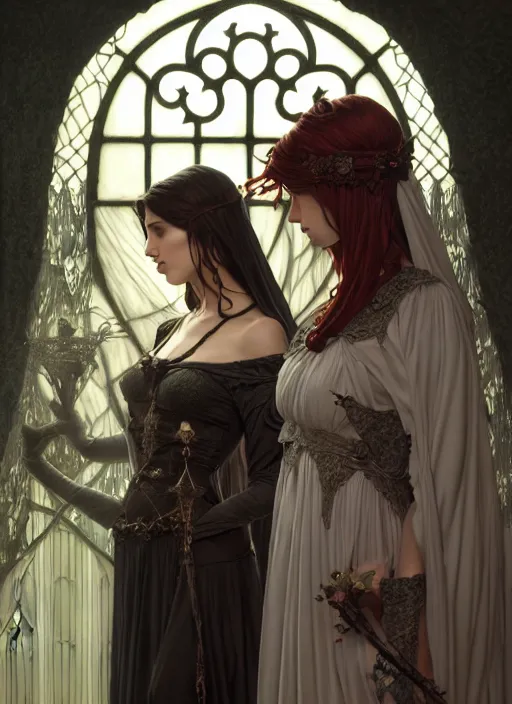 Prompt: two beautiful gothic heroines, secret brides to the faceless slaves of the nameless night of the castle of dread desire, intricate artwork by josan gonzalez, artgerm, edmund leighton, alphonse mucha, greg rutkowski, very coherent artwork, cinematic, gothic, mysterious, octane render, unreal engine, trending on artstation 8 k