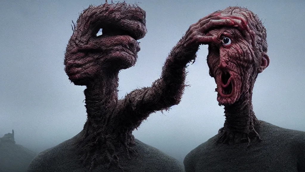 Image similar to the insane creature with one eye, film still from the movie directed by denis villeneuve and david cronenberg with art direction by zdzisław beksinski and dr. seuss