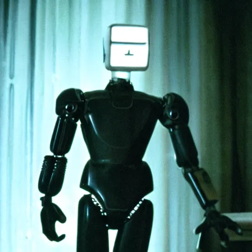 Image similar to movie scene of a man with a robot head, movie still, cinematic composition, cinematic lightning, Movie by David Lynch and Andrzej Żuławski