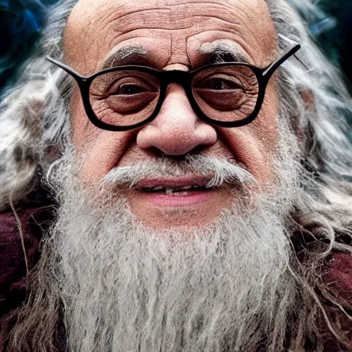 Image similar to film still of danny devito starring as gandalf the white in the 2 0 2 4 lord of the rings movie smoking, full body, hyper realistic, high quality, wide angle