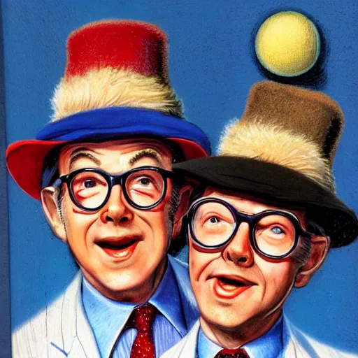 Prompt: A portrait of Eric Morecambe and Ernie Wise in hats by Frank Kelly Freas