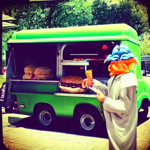 Image similar to “yoda selling burger in a food van”