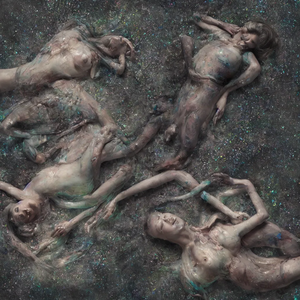 Image similar to overhead view of iridiscent oil slick with a woman's corpse connected by an umbilical cord to a baby buried under oil slick, faded, depth of field,, ultra realistic, very detailed, by hans bellmer and nadav kander, 8 k hyper realistic detailed cinematic