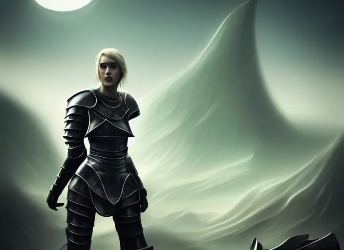 Image similar to landscape of a future city, a young english woman between the ages of 2 0 - 2 5 years, wearing armor and pointing a dagger, wearing a face full of anger. cinematic capture, dramatic condition, fine art, modern realism, sharp focus, good lighting, trending on artstation, trending on tiktok, smooth drawing, elegant, authoritative, without anomalies.