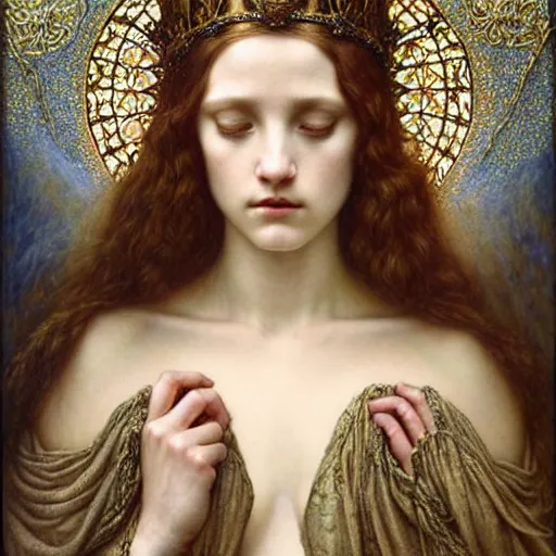 Prompt: detailed realistic beautiful young medieval queen face portrait by jean delville, tom bagshaw, brooke shaden, gustave dore and marco mazzoni, art nouveau, symbolist, visionary, gothic, pre - raphaelite, ornate gilded medieval icon, surreality, ethereal, unearthly, haunting, celestial, neo - gothic