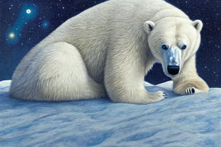 Image similar to a polar bear sitting on the moon by barclay shaw, portrait,