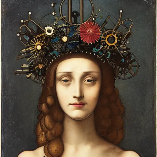 Image similar to portrait of a beautiful young cyborg woman with a big steampunk flower crown and part mechanical face , Metropolis, by Leonardo Da Vinci in the style of Man Ray