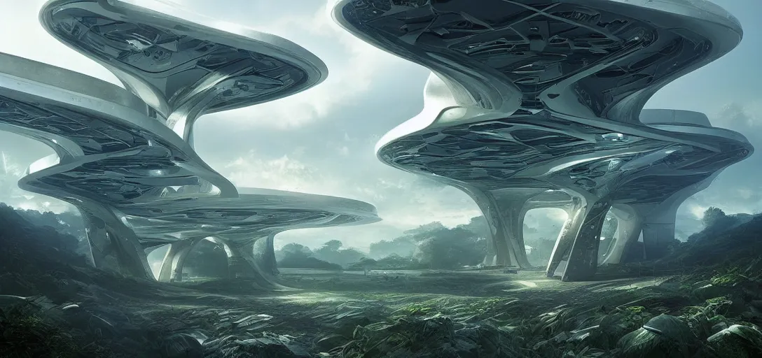 Image similar to a futuristic solarpunk biome, designed by zaha hadid, sci - fi, digital art by paul chadeisson