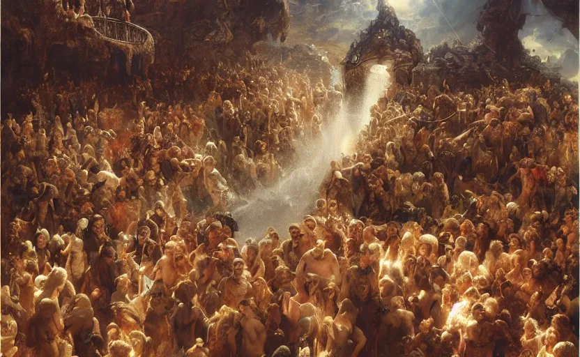 Image similar to alvah angelrune water portal to hell located in heaven, crowd of people, rule of thirds, 4 k, dark bright effect, highly detailed painting by gaston bussiere, craig mullins, j. c. leyendecker, michelangelo