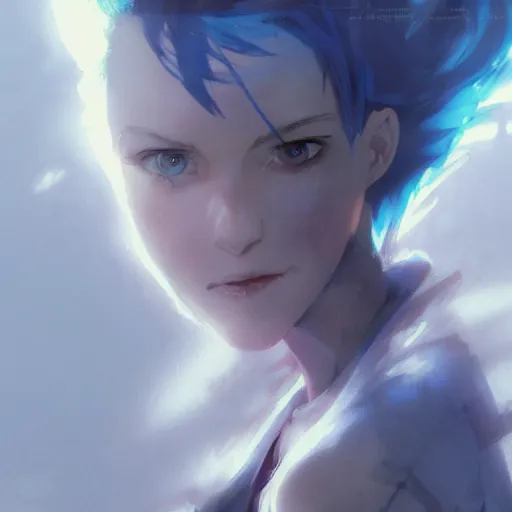 Image similar to realistic portrait of Sinon from sword art online, short blue hair, dramatic lighting, illustration by Greg rutkowski, yoji shinkawa, 4k, digital art, concept art, trending on artstation