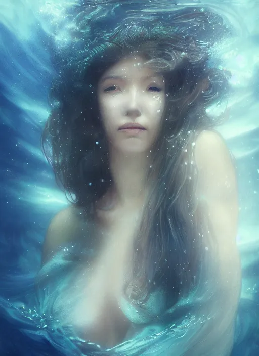 Image similar to an underwater photographic portrait of a woman created out of starlight and smoke, cinematic, volumetric lighting, beautiful fantasy, intricate, elegant, highly detailed, digital painting, artstation, concept art, smooth, sharp focus, illustration, art by ayami kojima, artgerm and h r giger and alphonse mucha