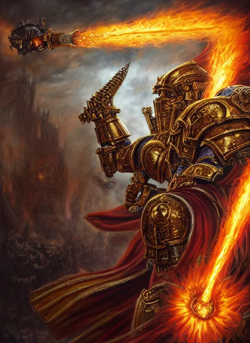 Prompt: the god emperor of mankind wielding his flaming sword, extremly detailed digital painting, warhammer 4 0 k, horus heresy, raymond swanland, tomasz alen kopera, unreal engine 5, vibrant colors, intricate, exquisite lighting, highly detailed, rim light, cinematic lighting, art, octane render, very coherent, cinematic, 8 k, trending on artstation