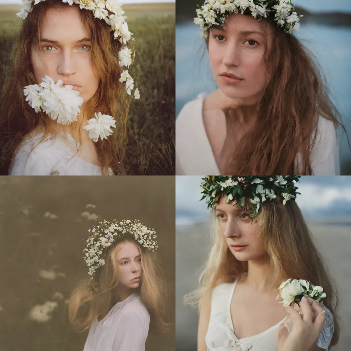 Prompt: An analog frontal face portrait photography of a woman wearing an big white flowers crown by Nina Masic. Long soft hair. eyes open. Kodak Color Plus 800 film. Icelandic mood. detailed. hq. realistic. warm light. muted colors. lens flare. Glare and bloom. photoreal. Medium format photography. Rembrandt light mood. Golden hour. Leica M9.